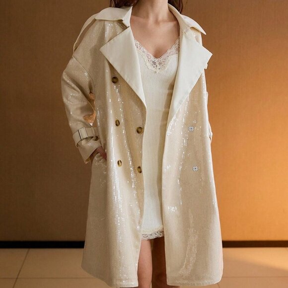 MODA ME COUTURE Jackets & Blazers - Elegant Women's Premium Sequin Embellished Belted Trench Coat Jacket